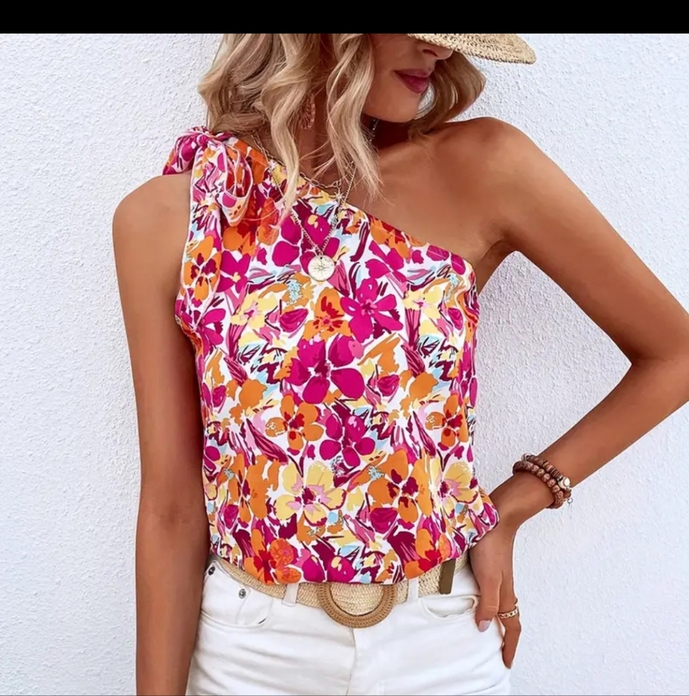 Pink multicolor one shoulder top